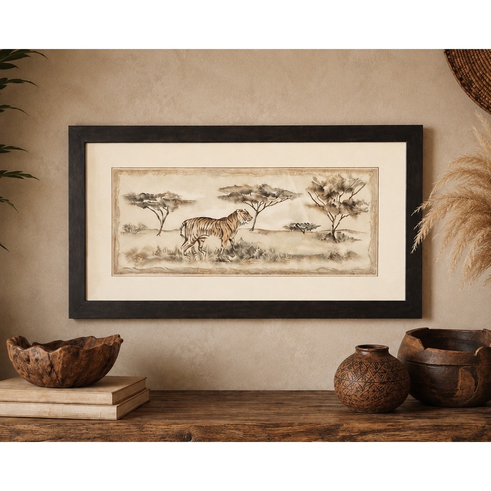 Vintage Tiger Wall Art Framed Wildlife Watercolor Safari w/ Ralph Lauren Vibes
